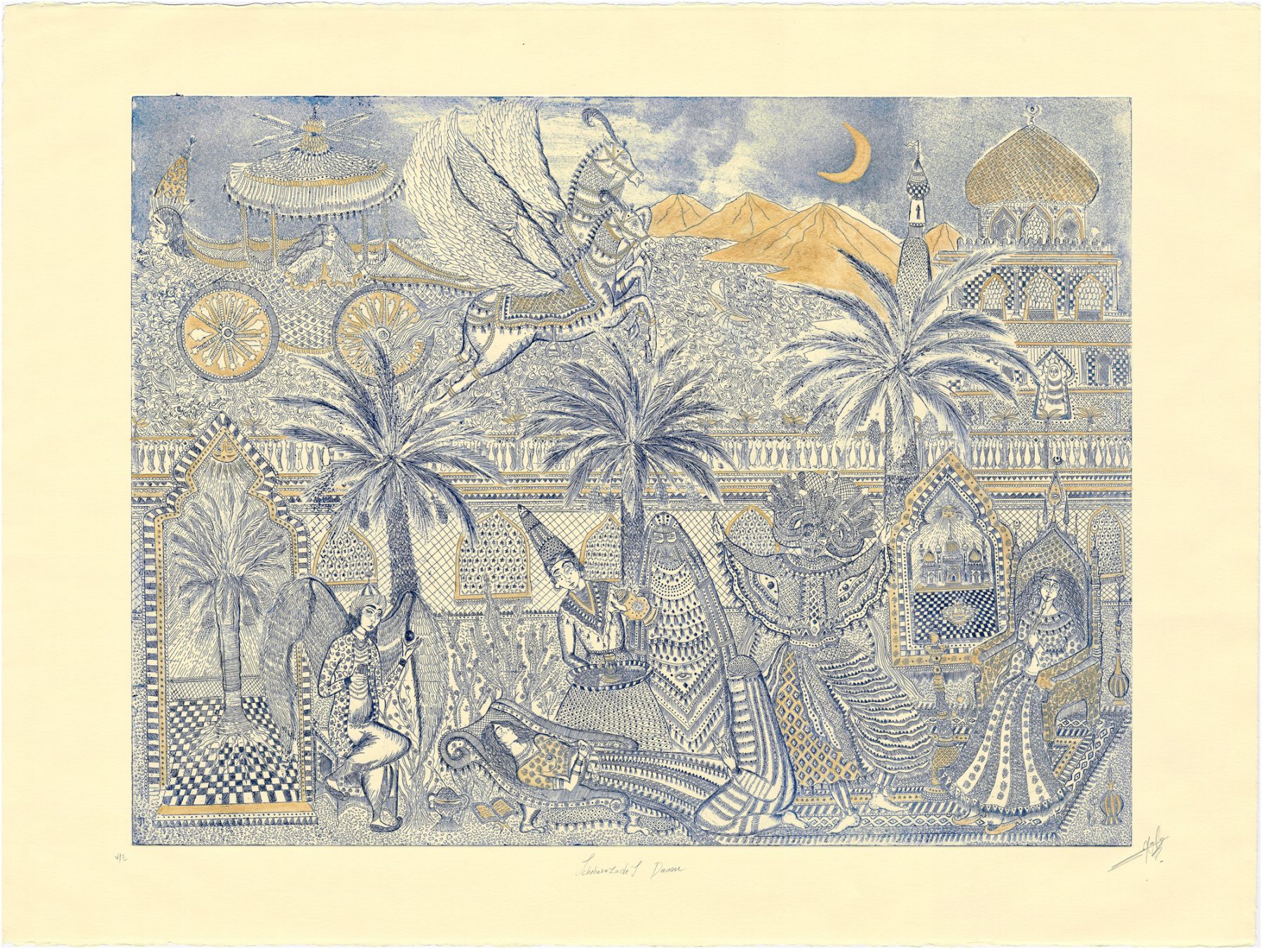 Hana Amani, Scheherazade's Dream, 2019. Intaglio and gold paint on ivory Fabriano paper, 30 x 37 inches