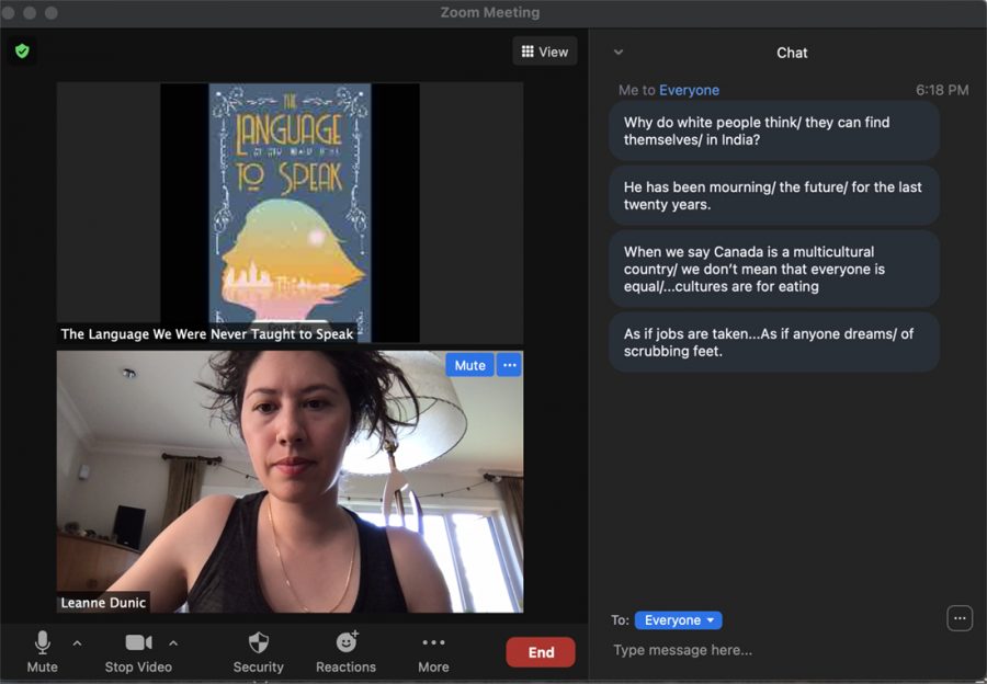 Image of a screengrab from a Zoom meeting of the author and the cover of Grace Lau's book. The chat section includes dialogue discussing the challenges of being a person of colour coming to Canada.