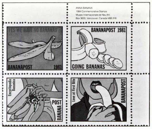 A greyscale image grid of 4 of Anna Banana's stamps, each featuring a banana. The text in each of the 4 stamps reads: "YES WE HAVE NO BANANAS," "GOING BANANAS," "Encyclopedia Bananica," and "Love at First Bite." All are labelled "BANANAPOST 1981".