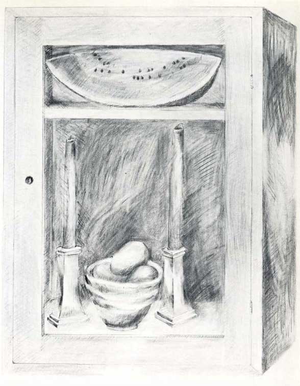 An image of a pencil drawing by Gathie Falk, entitled "Boot Case with Egg Bowl," depicting a cabinet containing a wedge of watermelon, two candlesticks, and a bowl of something resembling potatoes.