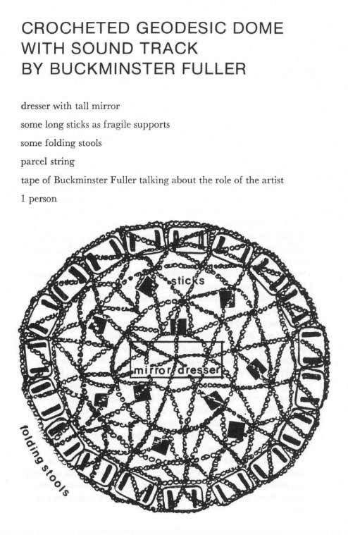 An image of a page from Issue 1.24/1.25 of The Capilano Review. The page shows an excerpt of Gathie Falk's performance score, "Crocheted Geodesic Dome with Sound Track by Buckminster Fuller." Below the title, it lists the materials for the performance: dresser with tall mirror, some long sticks as fragile supports, some folding stools, parcel string, tape of Buckminster Fuller talking about the role of the artist, 1 person. Below the list of materials is a drawing of a circle of folding stools from above connected by a web of sticks and crocheted string.
