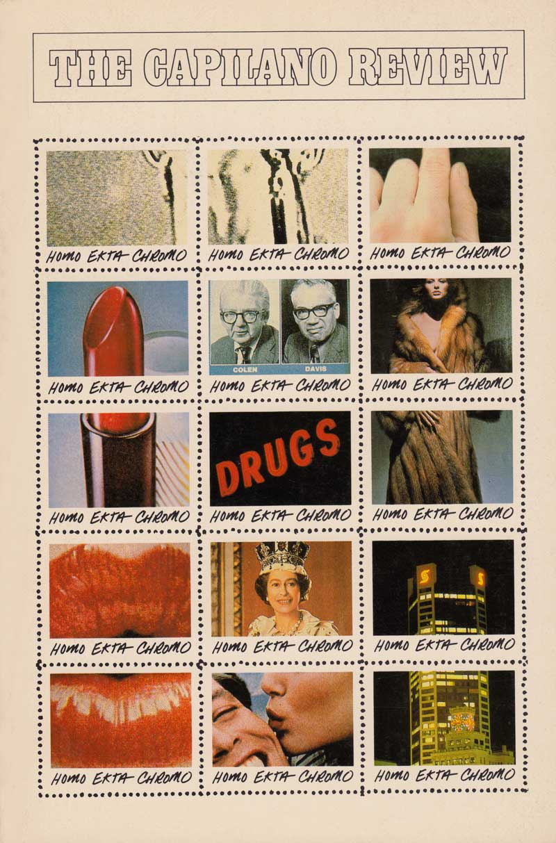 Cover of The Capilano Review, Issue 1.30, featuring the magazine title outlined in its signature wordmark font at the top, and a grid of DIY artist stamps below it, each labelled by hand with the text "HOMO EKTA CHROMO". Images depicted in the stamp designs are taken from advertisements and pop culture materials and include crops of lips, lipstick, the queen, a model wearing a fur coat, people laughing and kissing, a hand, and a high-rise building.