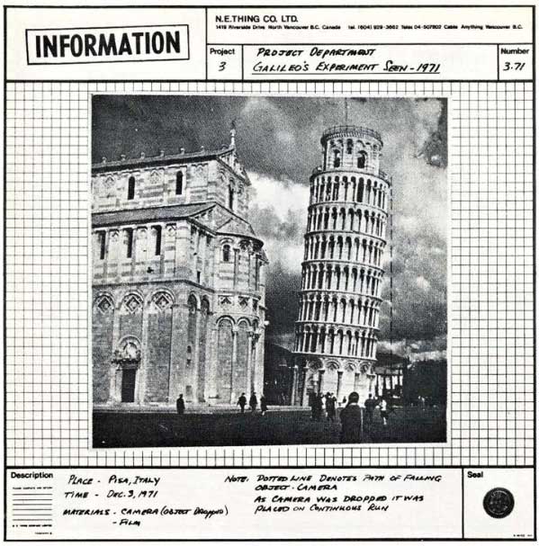 A black and white, square "form" sheet designed by the N.E. Thing Company, inventorying their "Information" activities. The Leaning Tower of Pisa appears in an image at the form's centre, while around it various form boxes relay information including the project number, title ("Galileo's Experiment Seen - 1971"), place, time, materials, and notes. The form is then stamped at the bottom right-hand corner with the N.E. Thing Company's official seal.