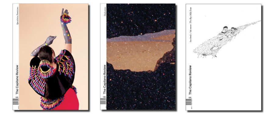 The image shows three recent covers of The Capilano Review: Maria Hupfield's "My Body Dances to the Sound of a Rainbow Blossom (Rainbow Jingle Cape" from Issue 4.4, Malena Szlam's "Archipelago of Earthen Bones" from Issue 4.5, and Cindy Mochizuki's "sound of Carpenter Creek" from Issue 4.6