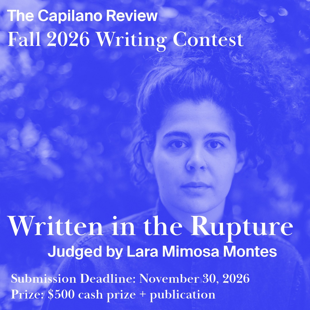 Photo of contest judge Lara Mimosa Montes from the shoulders up in a buttom-up collared shirt and with her hair in a high pony tail. She is looking directly into the camera against a naturalistic background. The image is washed in a medium blue filter with the title of the contest lain in white text overtop.