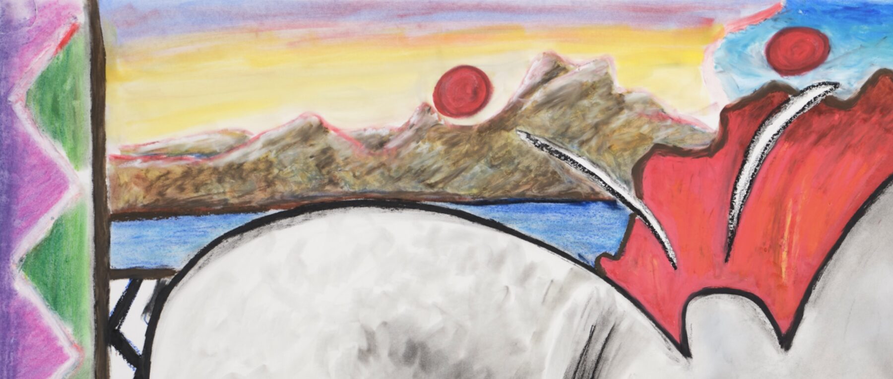 Detail from Manuel Axel Strain's "The Transformation of Laura Taylor," 2026, oil and chalk pastel on paper, 106.68 × 190.5 cm. Photo by Dennis Ha.