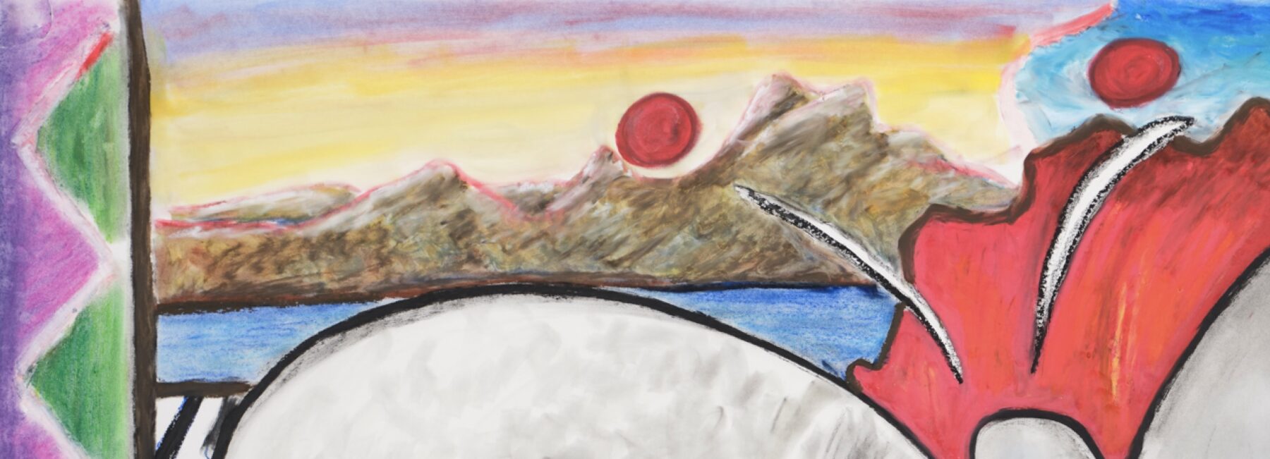 Detail from Manuel Axel Strain's "The Transformation of Laura Taylor," 2026, oil and chalk pastel on paper, 106.68 × 190.5 cm. Photo by Dennis Ha.